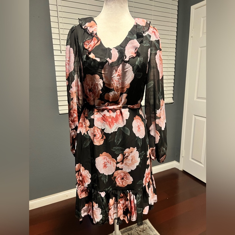 New Joie Black and Pink Floral Midi Dress. Size Small